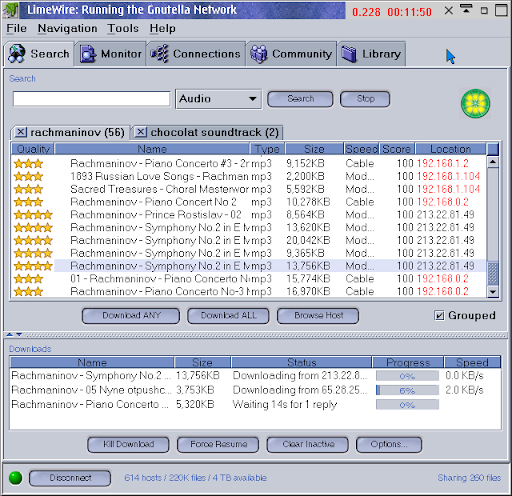 LimeWire search results with active downloads in progress